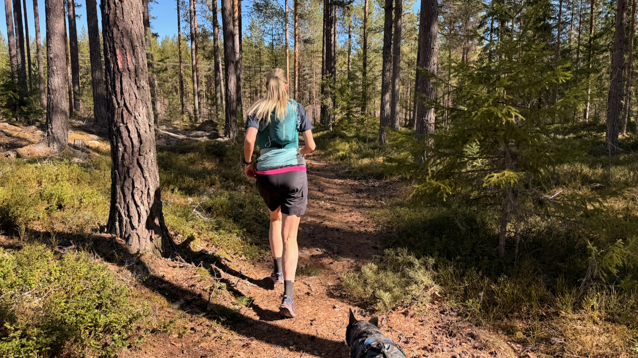 Mimmi with a hydration pack trail runs through a sunny pine forest with her dog Jana.